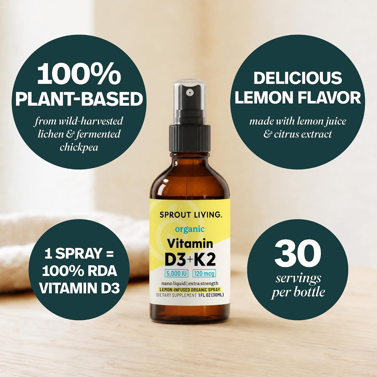 Organic Vitamin D3 5000 IU (Lichen) + K2 120 mcg (Fermented Chickpea), Immune, Bone & Heart Health with Calcium Absorption | Trace Minerals, Lemon & Citrus, Sugar Free, Spray (1 FL OZ, 30 Servings)