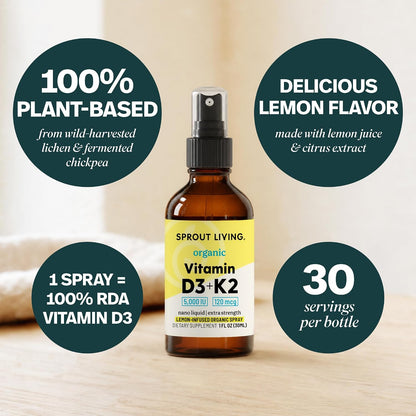 Organic Vitamin D3 5000 IU (Lichen) + K2 120 mcg (Fermented Chickpea), Immune, Bone & Heart Health with Calcium Absorption | Trace Minerals, Lemon & Citrus, Sugar Free, Spray (1 FL OZ, 30 Servings)