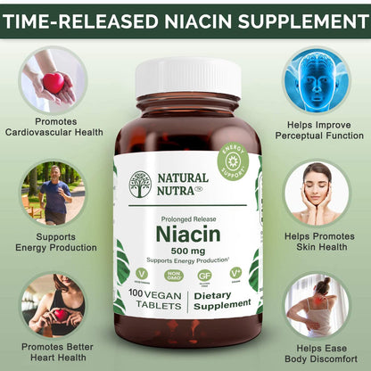 Natural Nutra Time-Release Slow Niacin 500mg (Vitamin B3), Support Healthy Cholesterol, Promotes Cardiovascular Health, Promotes Skin Cells and Improve Cognitive Function, 250 Vegan Tablets