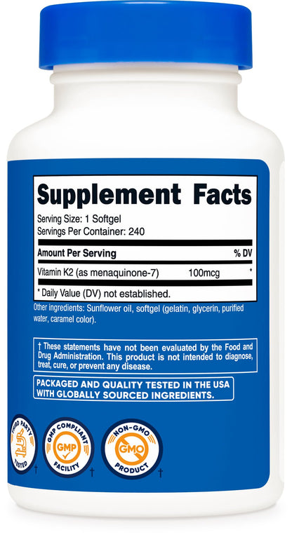 Nutricost Vitamin K2 MK-7 100 mcg, 240 Softgels, Gluten Free, GMO-Free | MK7