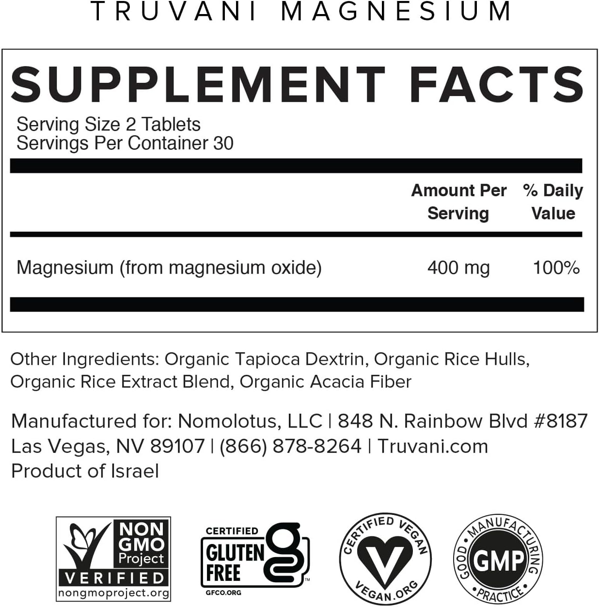 Truvani Magnesium 400mg Oxide Tablets | 60 Tablets | Vegan | Supports Calm and Sleep, Healthy Bones, Muscle Health, Digestive Health | Non-GMO, Vegan Pills