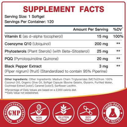 DRFOSTER Coq10 Ubiquinol 200mg, Coq10 200mg Softgels, Max Absorption Ubiquinol with Vitamin E & PQQ & Black Pepper, Powerful Antioxidant, 120 Softgels