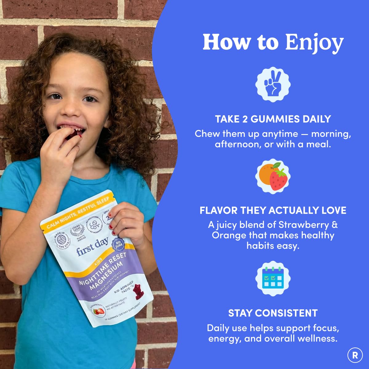 FIRST DAY Kids Magnesium Gummies, Citrate + L-Theanine, No Melatonin, 60 Ct | Strawberry citrate magnesium gummies for kids with Suntheanine® L-theanine; melatonin-free calm and bedtime support for kids