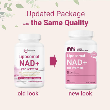 Micro Ingredients Liposomal NAD+ for Women Complex, 180 Veggie Capsules | NMN Pathway Supplement | 12-in-1 Advanced NAD Formula with Resveratrol, Hyaluronic Acid, Glutathione, & Collagen