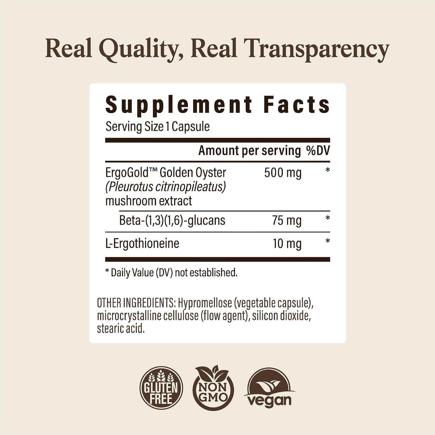 Real Mushrooms Ergothioneine Supplement – Golden Oyster Mushroom with Beta-Glucans – L-Ergothienine Extract Poweder – Organic, Vegan, Non-GMO, No Fillers – 60 Capsules Mushroom Supplement for Humans
