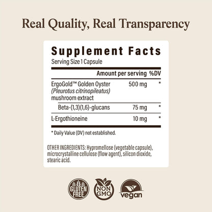 Real Mushrooms Ergothioneine Supplement – Golden Oyster Mushroom with Beta-Glucans – L-Ergothienine Extract Poweder – Organic, Vegan, Non-GMO, No Fillers – 60 Capsules Mushroom Supplement for Humans