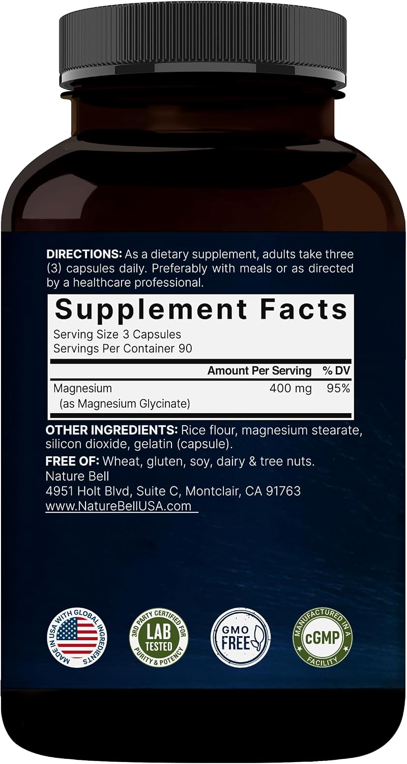 NatureBell Magnesium Glycinate 400mg Elemental, 270 Capsules | 100% Chelated for High Absorption | Supports Muscle, Bone & Heart Health | Non-GMO, Gluten-Free, Vegan