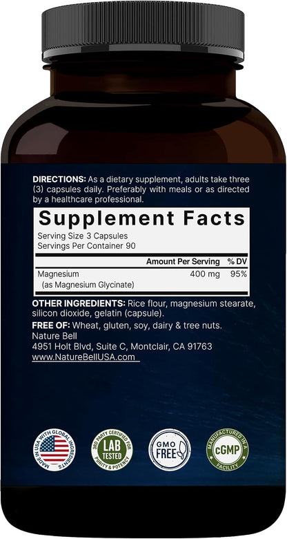 NatureBell Magnesium Glycinate 400mg Elemental, 270 Capsules | 100% Chelated for High Absorption | Supports Muscle, Bone & Heart Health | Non-GMO, Gluten-Free, Vegan