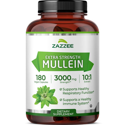 Zazzee Extra Strength Mullein Leaf 10:1 Extract, 120 Vegan Capsules, 4 Month Supply, Verbascum Thapsus, Respiratory & Lung Support, Certified Kosher, 100% Pure Leaf Powder, Non-GMO, Made in the USA