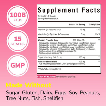 Vitalibre Probiotics for Women 100 Billion CFU 15 Strains, Daily Probiotic | 30 Vegan Capsules, Prebiotic Supplement with Organic Cranberry to Support Vaginal, Digestive, Immune Health, Shelf Stable