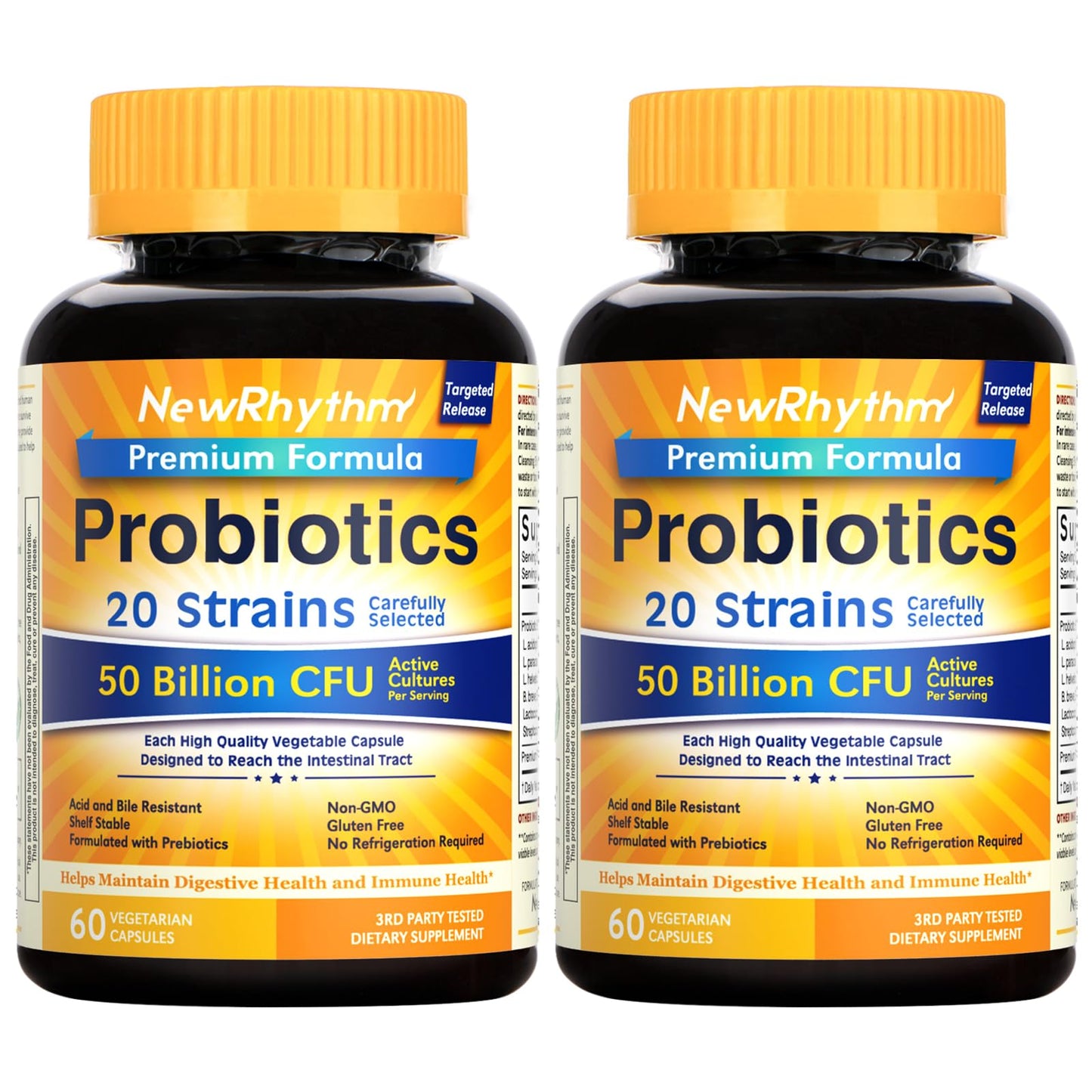 NewRhythm Probiotics 50 Billion CFU 20 Strains, 60 Veggie Capsules, Targeted Release Technology, Stomach Acid Resistant, No Need for Refrigeration, Non-GMO, Gluten Free