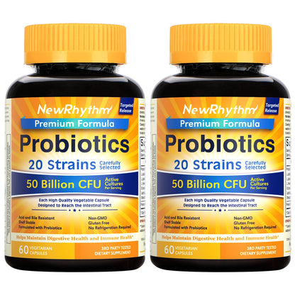 NewRhythm Probiotics 50 Billion CFU 20 Strains, 60 Veggie Capsules, Targeted Release Technology, Stomach Acid Resistant, No Need for Refrigeration, Non-GMO, Gluten Free