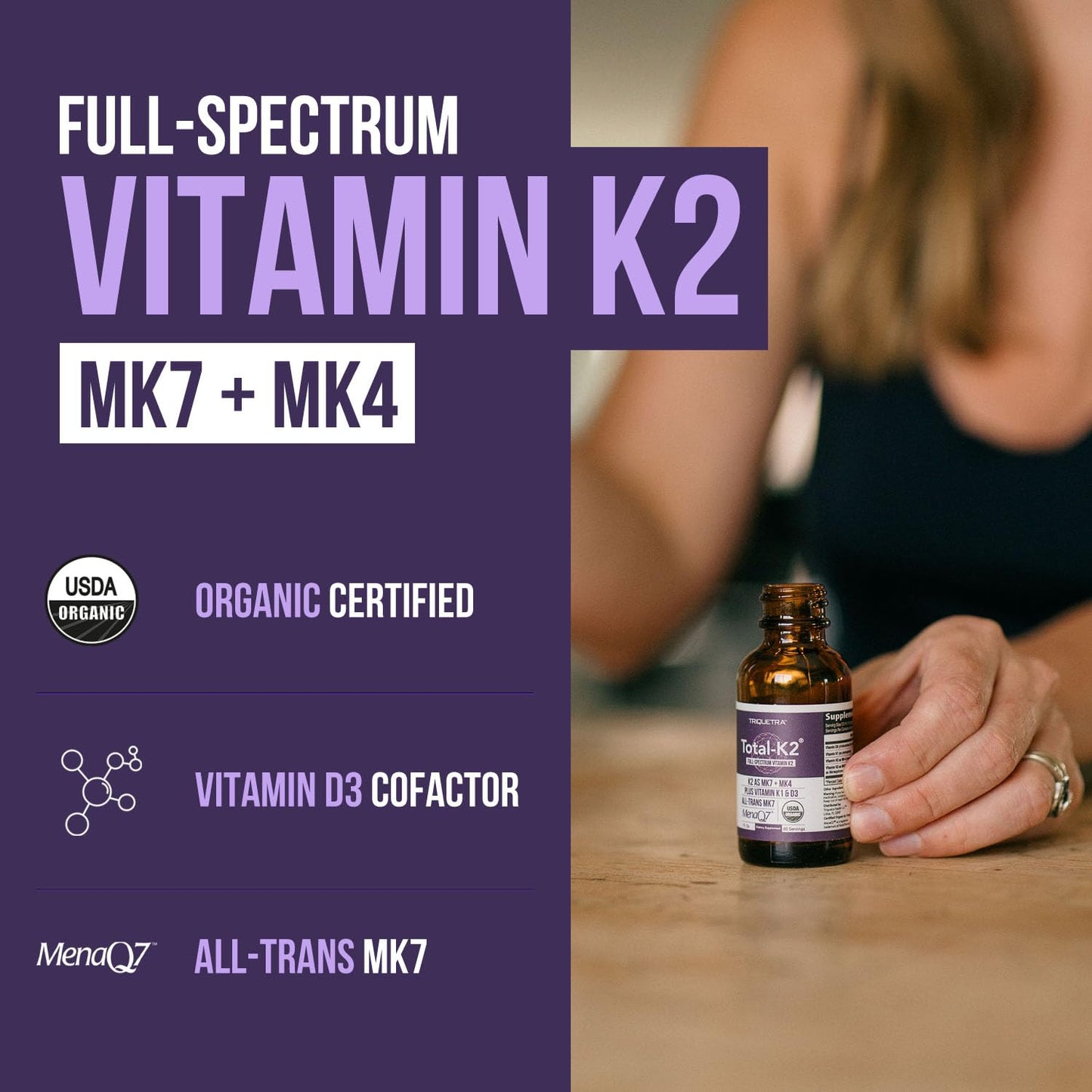 Total K2® | Vitamin K2 as MK7 & MK4 | Plus K1 & Vitamin D3 Cofactor - 620 mcg K2 per Serving - All-Trans MK7 from MenaQ7® - Full-Spectrum Vitamin K - Vegan, Organic Certified (60 Capsules)