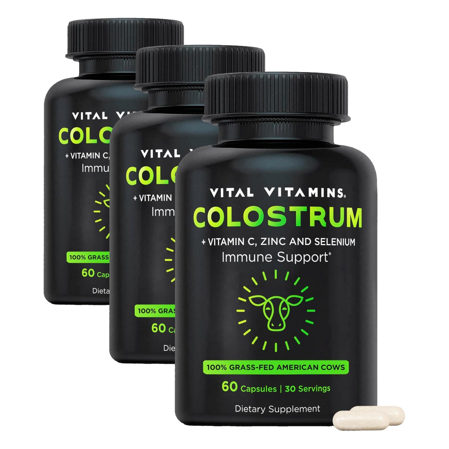 Vital Vitamins Colostrum Supplement, 30% IgG, Grass-Fed Bovine, 60 Capsules | Supports Immune Defense & Gut Health, Colostrum with Vitamin C, Zinc, & Selenium, Non-GMO