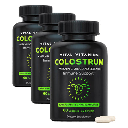 Vital Vitamins Colostrum Supplement, 30% IgG, Grass-Fed Bovine, 60 Capsules | Supports Immune Defense & Gut Health, Colostrum with Vitamin C, Zinc, & Selenium, Non-GMO