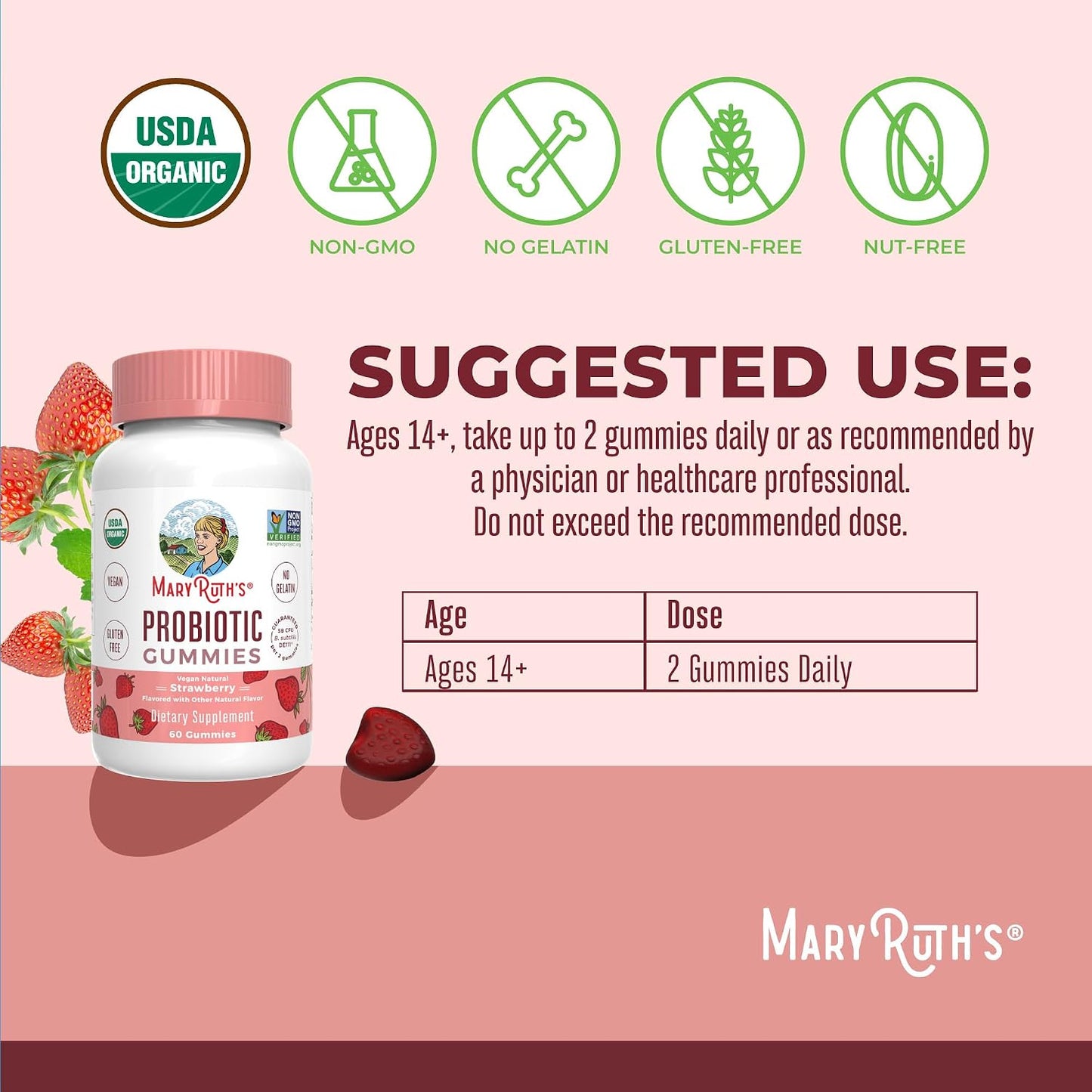 MARYRUTH'S USDA Organic Probiotic Gummies Probiotic Digestive Support | Immune Support | Digestive & Gut Health Supplement | 5 Billion CFU | Vegan | Non-GMO | Gluten Free | 60 Count