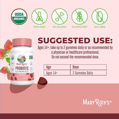 MARYRUTH'S USDA Organic Probiotic Gummies Probiotic Digestive Support | Immune Support | Digestive & Gut Health Supplement | 5 Billion CFU | Vegan | Non-GMO | Gluten Free | 60 Count