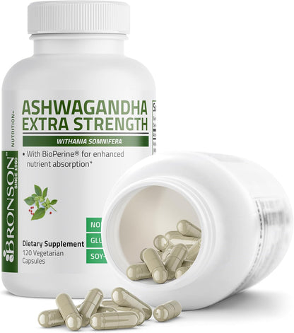 Bronson Ashwagandha Extra Strength Stress & Mood Support 120 Capsules | Vegetarian, Non-GMO, Gluten-Free, Soy-Free, BioPerine for High Absorption
