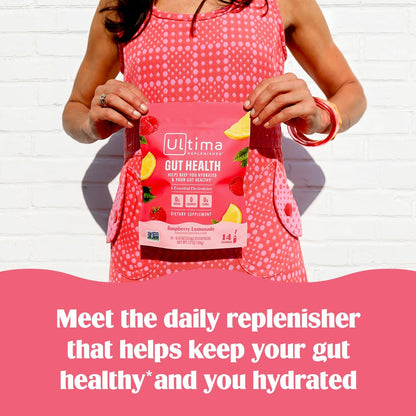 Ultima Replenisher Gut Health Supplement, Raspberry Lemonade, 14 Stickpacks | Daily Zero Sugar Electrolyte Powder Hydration Packets with 6 Key Electrolytes, Prebiotics & Probiotics for Gut Health Support