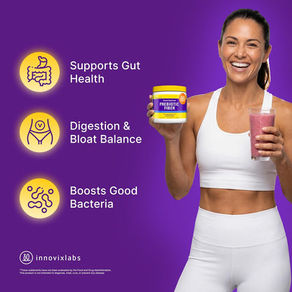 InnovixLabs Prebiotic Fiber Powder for Digestive & Gut Health, High Fiber Supplement for Women & Men, Made with Chicory Root, Acacia Fiber, Inulin & Soluble Fibers, Sugar-Free, Vegan, 30-Day Supply