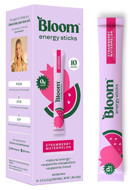 Bloom Nutrition Energy Drink Powder Packets, Strawberry Watermelon, 10 Ct | Sugar Free Drink Mix with L-Theanine, B Vitamins & Natural Caffeine, On the Go Powder Sticks for Natural Energy, 10 Calories