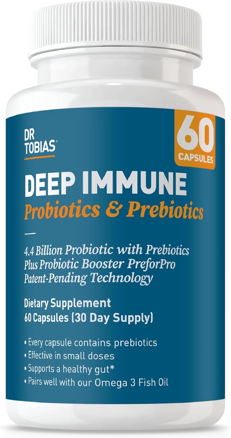 Dr. Tobias Deep Immune Probiotic + Prebiotic 60 Capsules | Gut Health | Dual Action Gut & Immune Support | DE111 Spore Forming Probiotics + PreforPro | Targeted Release | Shelf Stable | 30 Servings