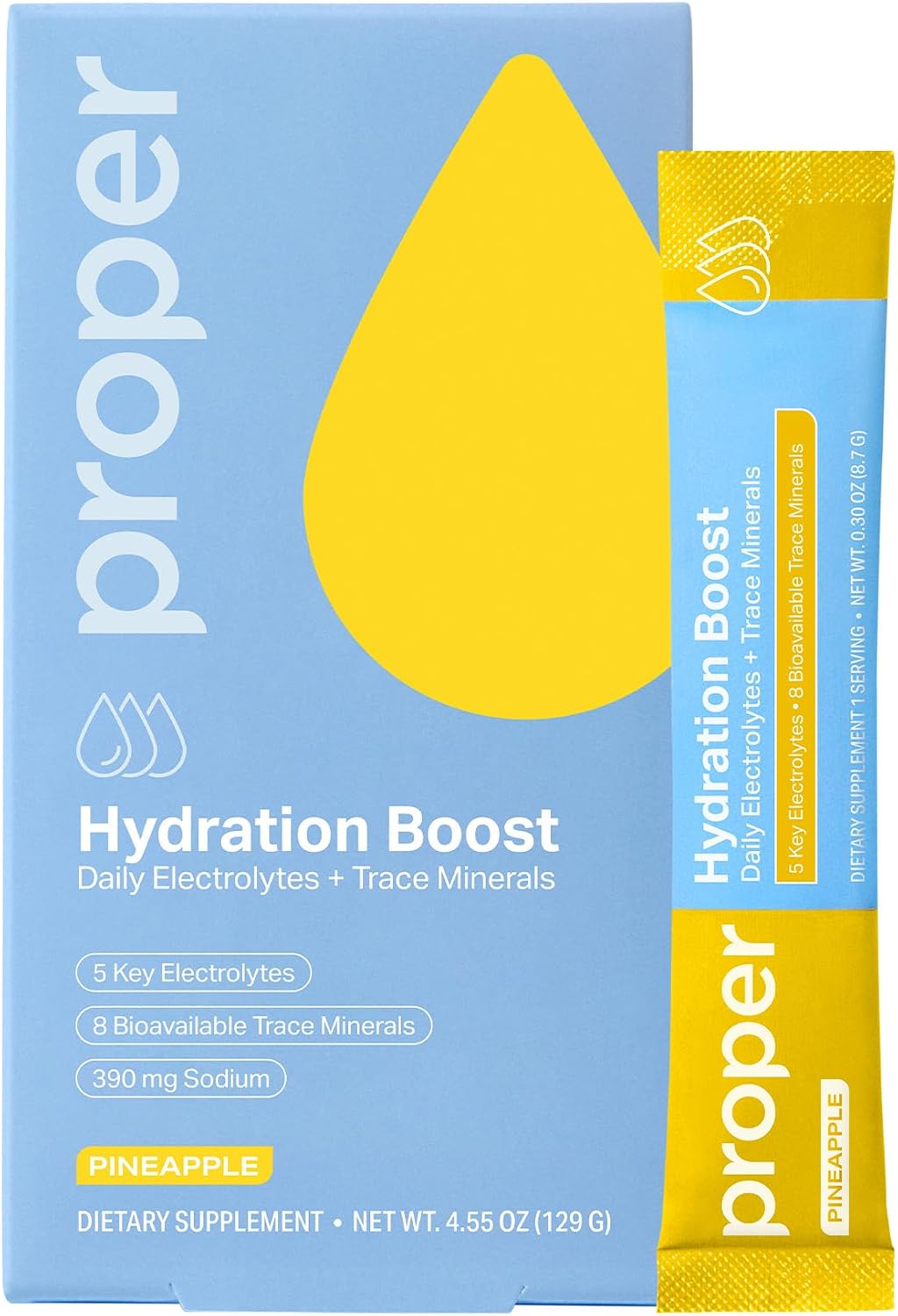 Proper Hydration Sticks – Electrolyte Powder Drink Mix Packets with Trace Minerals for Rapid Hydration – Naturally Flavored – No Artificial Sweeteners – Pineapple, 15 Servings