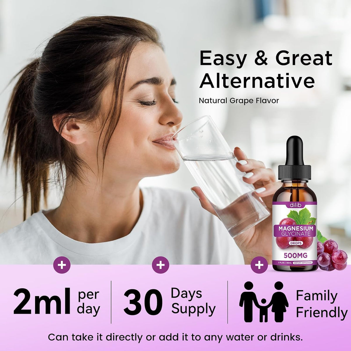 Magnesium Glycinate Liquid Drops, Magnesium Glycinate Supplement 500mg with Calcium, Zinc, Vitamin B6, D3, L-Theanine, Omega 3 for Sleep, Mood, Stress Relief, Bone, Muscle, Grape Flavor 2 Fl Oz