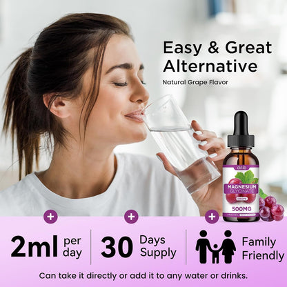 Magnesium Glycinate Liquid Drops, Magnesium Glycinate Supplement 500mg with Calcium, Zinc, Vitamin B6, D3, L-Theanine, Omega 3 for Sleep, Mood, Stress Relief, Bone, Muscle, Grape Flavor 2 Fl Oz