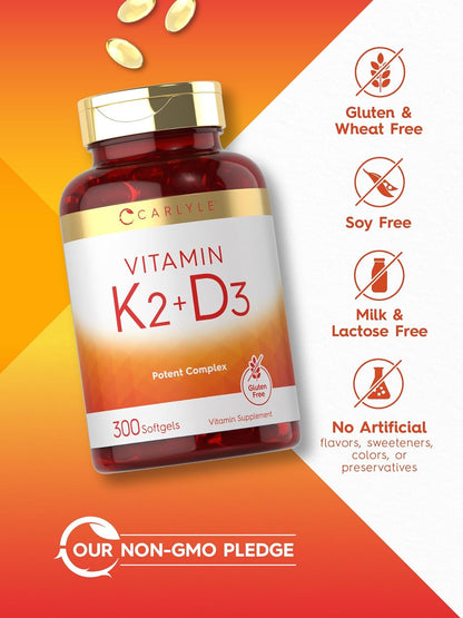 Carlyle Vitamin K2 D3 Supplement | 300 Softgels | 200mcg K2 MK7 & 10,000 IU D3 | Non-GMO, Gluten Free