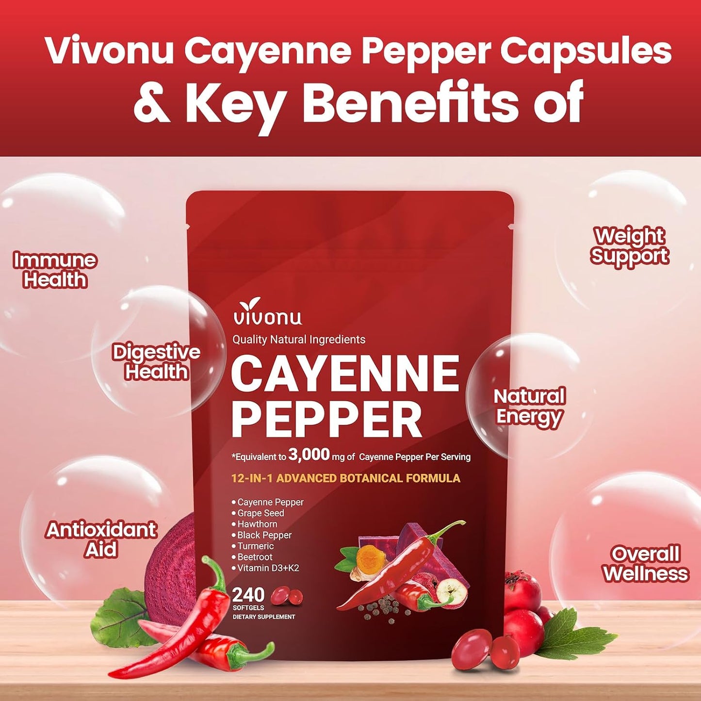VivoNu Cayenne Pepper Softgels Supplement with Vitamin E D3+K2 and Extracts of Grape Seed, Hawthorn, Beetroot, Berberine and Others, Supports Leg Vein, Heart and Blood Vessel Health