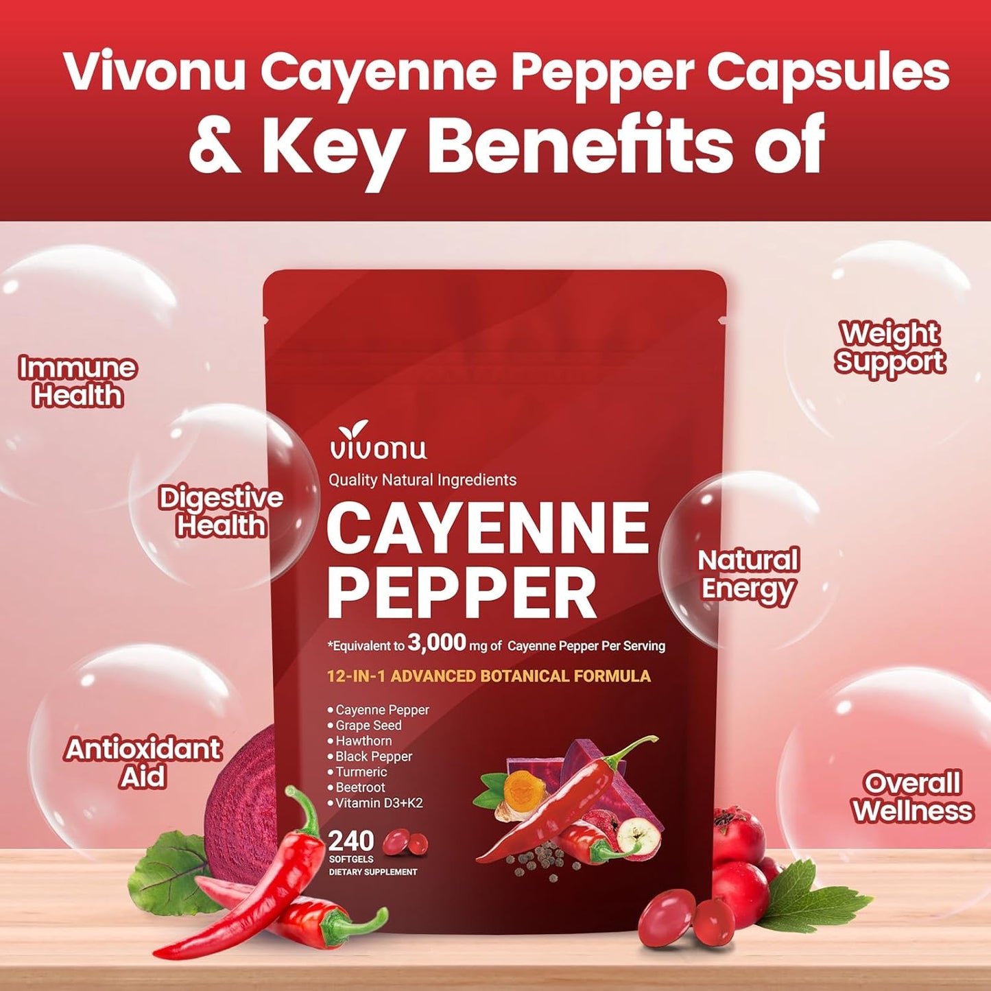 Cayenne Pepper Softgels Supplement, Supports Leg Vein, Heart and Blood Vessel Health, with Vitamin E D3+K2 and Extracts of Grape Seed, Hawthorn, Beetroot, Berberine and Others (Softgels / 2 Bag)