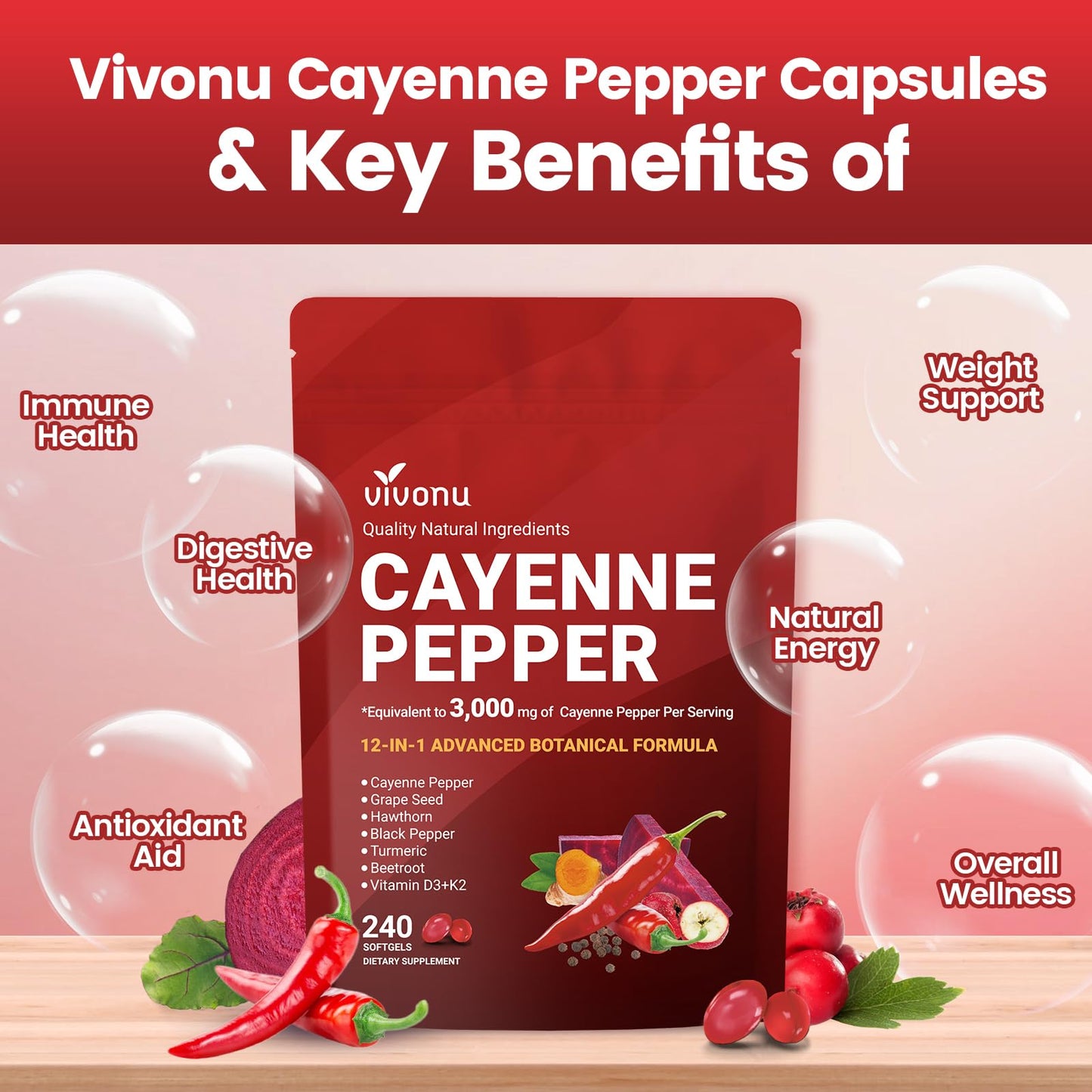 Cayenne Pepper Softgels Supplement, Supports Leg Vein, Heart and Blood Vessel Health, with Vitamin E D3+K2 and Extracts of Grape Seed, Hawthorn, Beetroot, Berberine and Others (Softgels / 1 Bag)