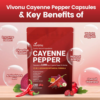 VivoNu Cayenne Pepper Softgels Supplement, Supports Leg Vein, Heart and Blood Vessel Health, with Vitamin E D3+K2 and Extracts of Grape Seed, Hawthorn, Beetroot, Berberine (Softgel / 1 Bag)
