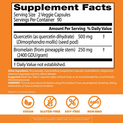 Doctor's Best Quercetin Bromelain, Immunity Support Capsule, Heart, Joint & Healthy Respiratory System, Non-GMO, Vegan, Gluten Free, Soy Free,180 VC