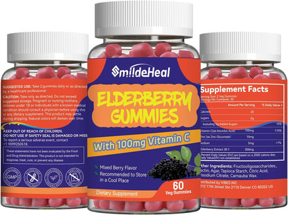 Elderberry Gummies 300mg, with Vitamin C and Zinc, 60 Count | Elderberry Gummies, Elderberry Extract 300mg, with Vitamin C and Zinc, Strawberry Flavor GummiesImmune Support, 60 Count