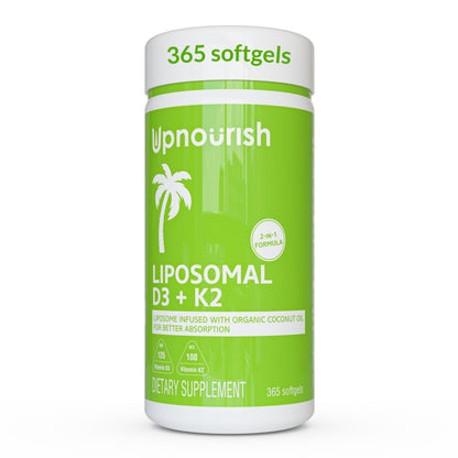 UpNourish Liposomal D3 K2 MK-7 – 365 Mini softgels with Organic Coconut Oil - 5000 IU 125 mcg Vitamin D3 and 100 mcg Vitamin k2 for Optimal Bone and Immune Health