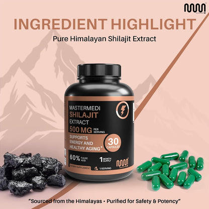 MasterMedi Shilajit 500mg – Himalayan Extract Standardized to Fulvic Acid – Energy, Stamina & Vitality Support – 30 Vegan Capsules – Non-GMO, Gluten-Free, No Fillers