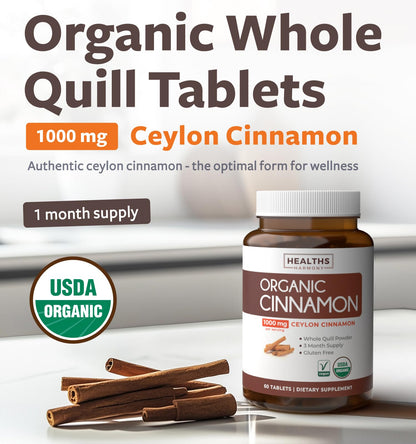 USDA Organic Ceylon Cinnamon Pills - High Potency Ceylon Cinnamon Supplement with 1000mg per Serving for Full Body Antioxidant Support - Vegan Non-GMO cGMP Made & Lab Verified (2 Months Supply)