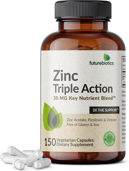 Futurebiotics Zinc Triple Action 30mg Key Nutrient Blend Immune Support Supplement with Zinc Acetate, Picolinate & Orotate - Immune, Antioxidant & Skin Health Support - 150 Vegetarian Capsules