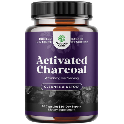 Natures Craft Activated Charcoal Pills Detox & Cleanse - Purifying Coconut Capsules with 1200 mg Per Serving for Bloating Relief - Active Detox Supplement for Body & Gut Health -180 Count