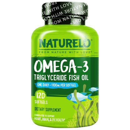 NATURELO Burpless Omega 3 Fish Oil Supplement - 1100mg Triglyceride Omega-3, EPA + DHA, Liquid Fish Oil for Heart, Eye, Brain, Joint Health - 120 Softgels, 4 Months Supply