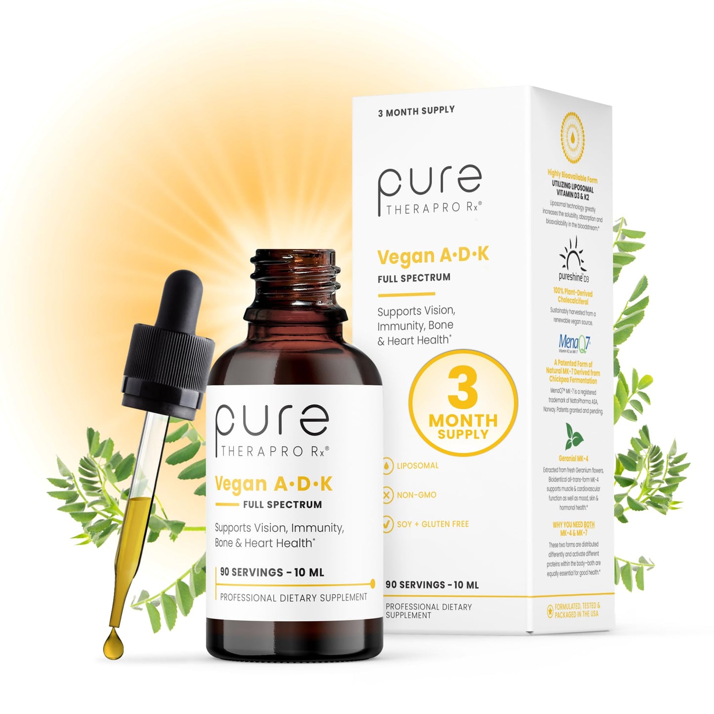 Pure TheraPro Rx Vegan A-D-K Drops-6 Mon Supply-Vitamin A(Palmitate & Betacarotene),Liposomal Vitamin D3(as vegan cholecalciferol),Liposomal Vitamin K2(MK-4 & MK-7)Supports Immunity & Bone Health-20mL