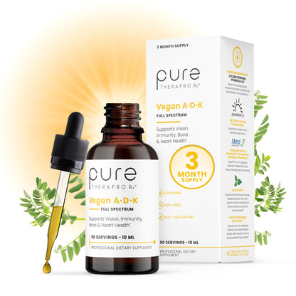 Pure TheraPro Rx Vegan A-D-K Drops-6 Mon Supply-Vitamin A(Palmitate & Betacarotene),Liposomal Vitamin D3(as vegan cholecalciferol),Liposomal Vitamin K2(MK-4 & MK-7)Supports Immunity & Bone Health-20mL