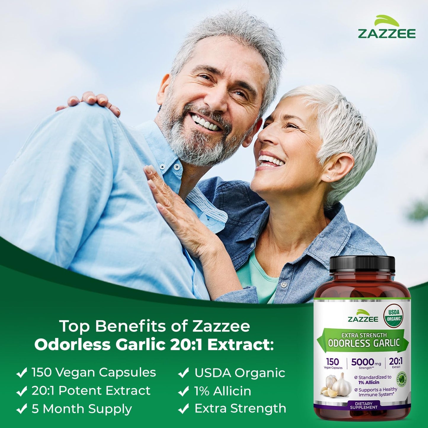Zazzee USDA Organic Odorless Garlic 20:1 Extract, 1% Allicin, 100 Vegan Capsules, 3+ Month Supply, Allium Sativum, Immune, Circulation & Heart Health Support, All-Natural, Non-GMO, Made in the USA