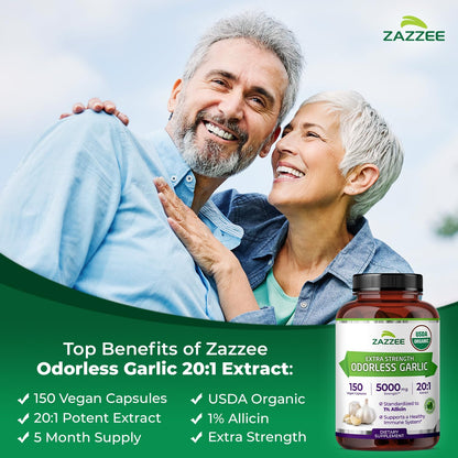 Zazzee USDA Organic Odorless Garlic 20:1 Extract, 1% Allicin, 100 Vegan Capsules, 3+ Month Supply, Allium Sativum, Immune, Circulation & Heart Health Support, All-Natural, Non-GMO, Made in the USA