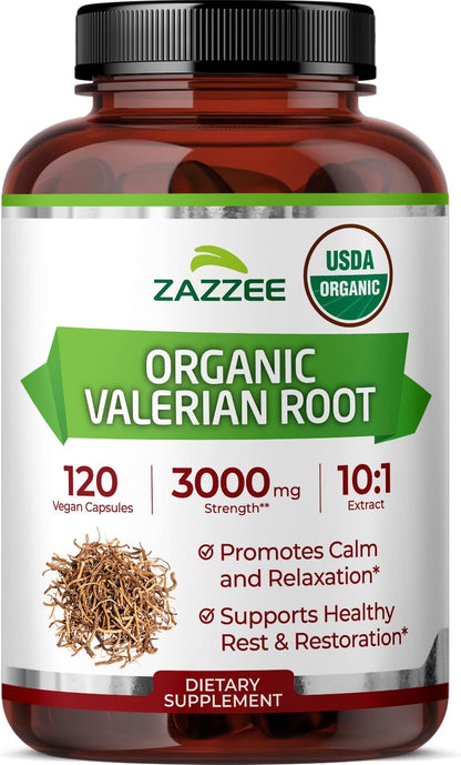 Zazzee USDA Organic Valerian Root 10:1 Extract, 120 Vegan Capsules, 4 Month Supply, Valeriana Officinalis, Relaxation, Calm & Mood Support, All-Natural, Non-GMO, Made in the USA