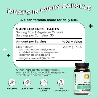 200mg Chelated Magnesium Glycinate Supplement for Women & Men - Muscle & Nerve Function - High Absorption Magnesium for Sleep Support & Energy Metabolism - 30 Vegan Capsules