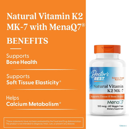 Doctor's Best Natural Vitamin K2 MK7 Supplement for Men & Women - Bone Health Support, 100 mcg Vitamin K-2 MK-7 Capsules with MenaQ7, Calcium Support, Non GMO, Vegan - 60 Veg Caps
