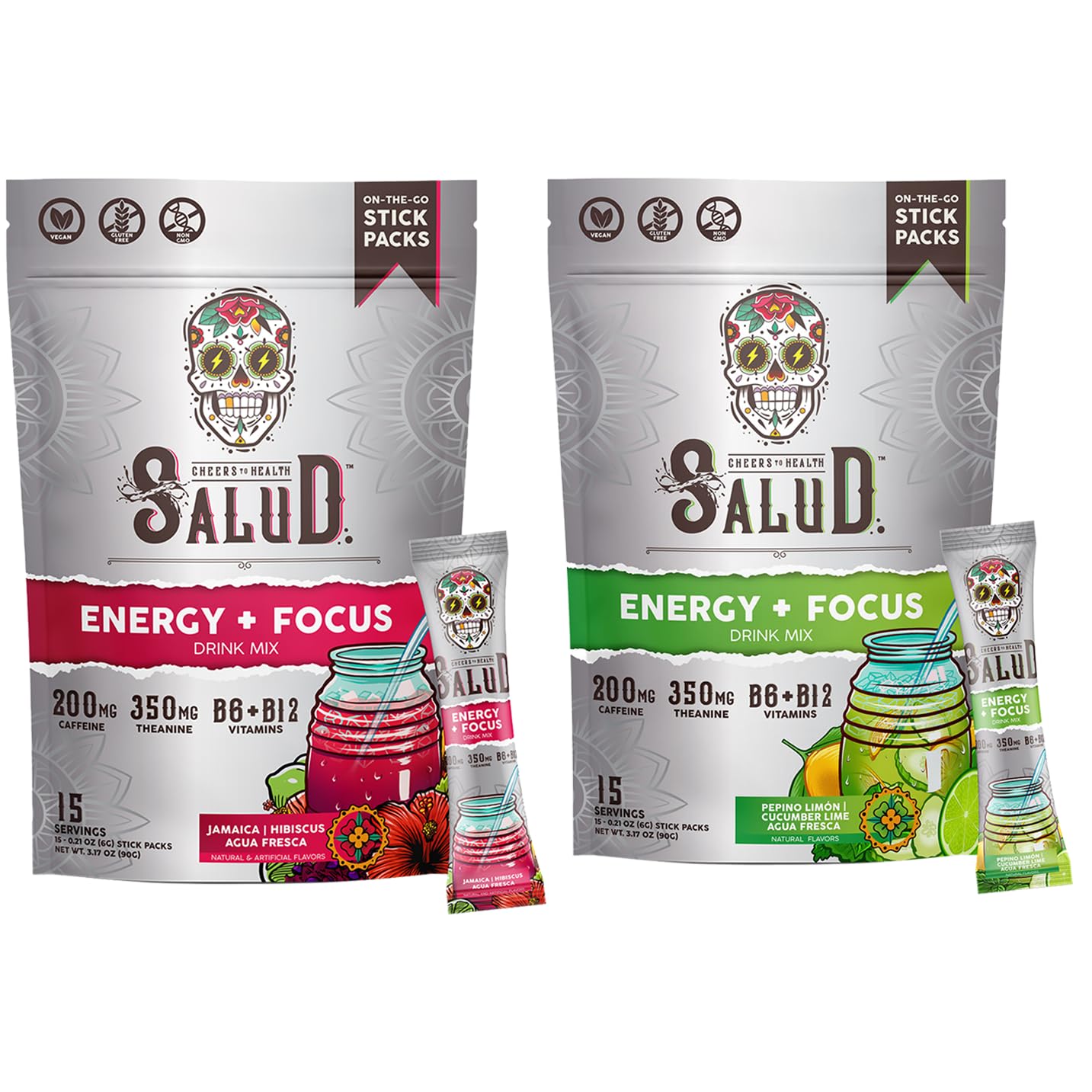 Salud 2-Pack |2-in-1 Energy + Focus (Hibiscus) & Energy + Focus (Cucumber Lime) – 15 Servings Each, Agua Fresca Drink Mix, Non-GMO, Gluten Free, Vegan, Low Calorie, 1g of Sugar